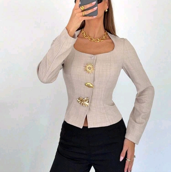 Women's Metal Sun Decor Single-Breasted Fashion Blazer Jacket - Picture 1 of 4